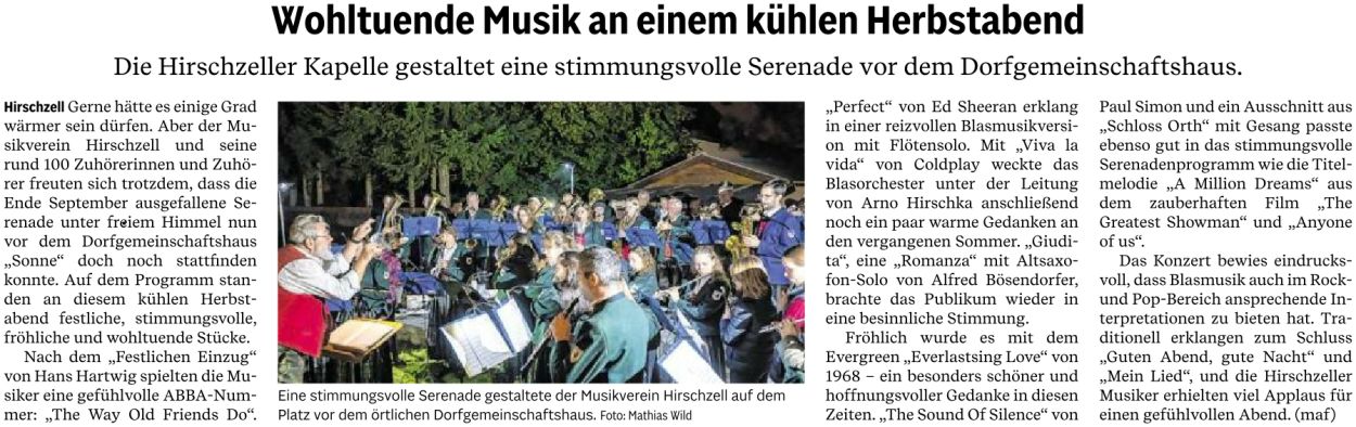 Pressebericht - Serenade 2022 Dorfgemeinschaftshaus, Hirschzell - Musikverein Hirschzell, Kaufbeuren