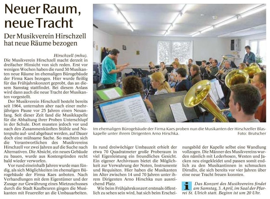 Pressebericht - Neuer Proberaum 2004 in Hirschzell - Musikverein Hirschzell, Kaufbeuren