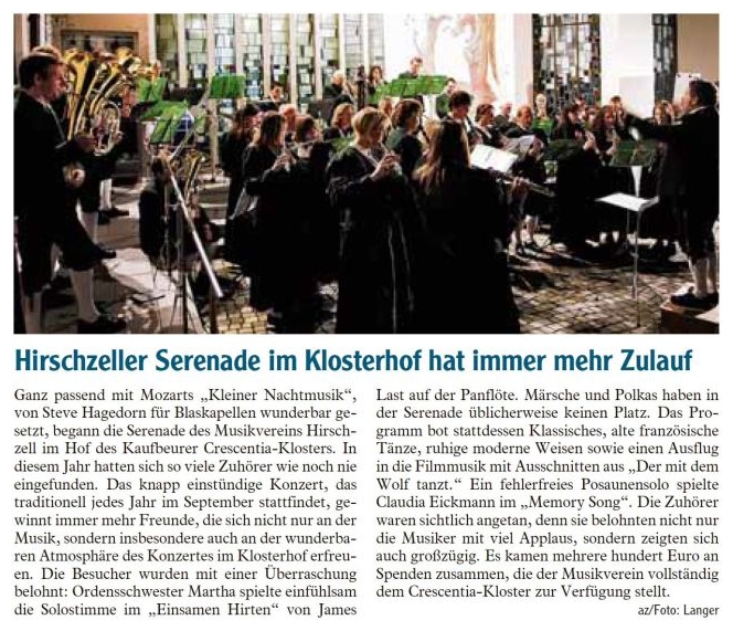 Pressebericht - Serenade 2007 im Crescentiakloster, Kaufbeuren - Musikverein Hirschzell, Kaufbeuren