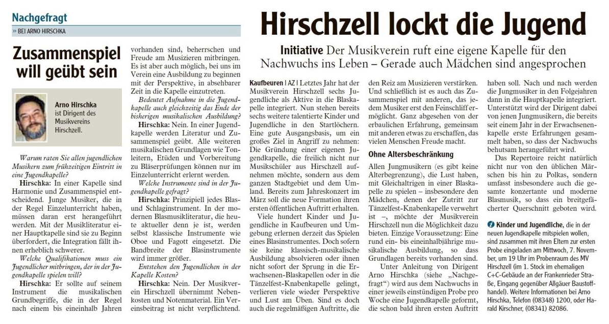Pressebericht - Gründung der Jugendkapelle 2007 - Musikverein Hirschzell, Kaufbeuren