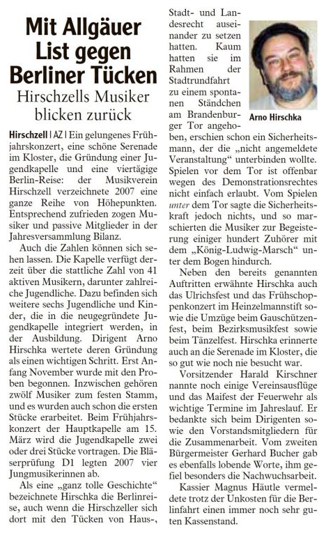 Pressebericht - Jahreshauptversammlung 2007 - Musikverein Hirschzell, Kaufbeuren