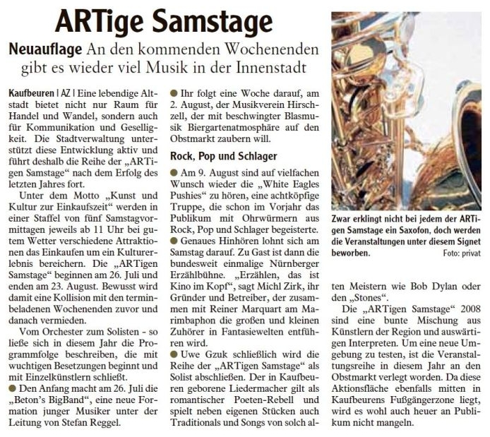 Pressebericht - ARTige Samstage 2008 Kaufbeuren - Musikverein Hirschzell, Kaufbeuren