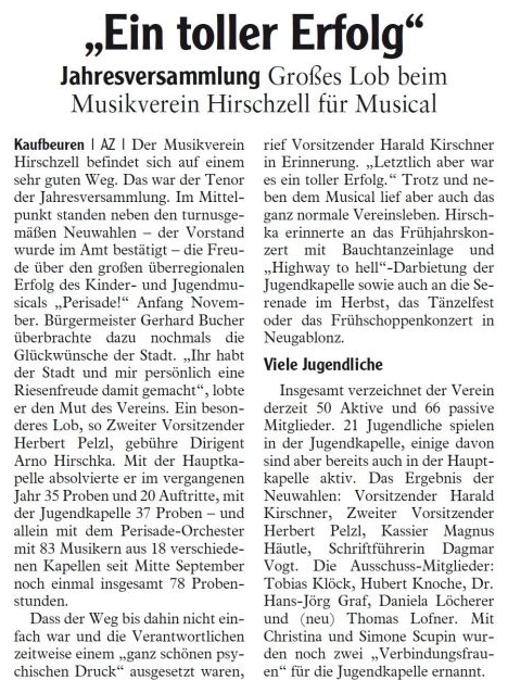 Pressebericht - Jahreshauptversammlung 2009 - Musikverein Hirschzell, Kaufbeuren