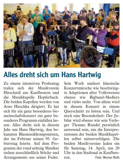 Pressebericht - Frühjahrskonzert 2012 Probe mit Hopferbach - Musikverein Hirschzell, Kaufbeuren