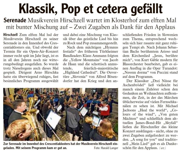 Pressebericht - Serenade 2013 im Crescentiakloster, Kaufbeuren - Musikverein Hirschzell, Kaufbeuren