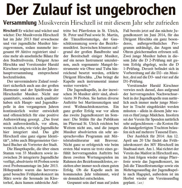 Pressebericht - Jahreshauptversammlung 2013 - Musikverein Hirschzell, Kaufbeuren