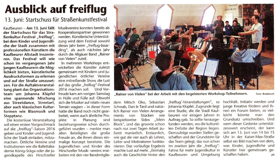 Pressebericht - Freiflug Festival 2015 Workshop Musiker, Kaufbeuren - Musikverein Hirschzell, Kaufbeuren