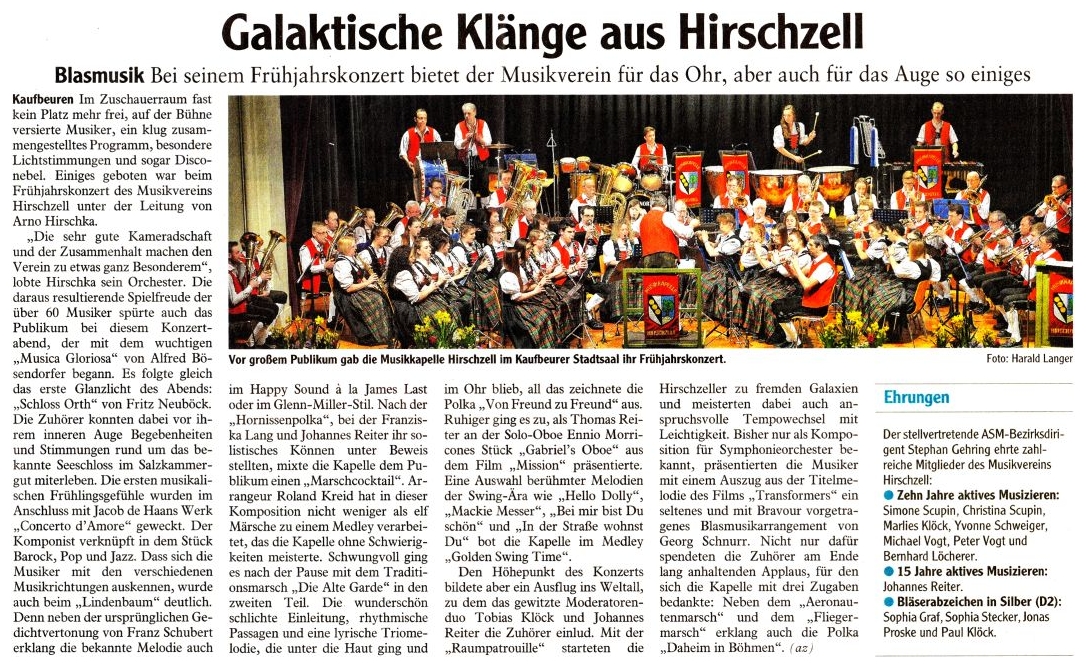 Pressebericht - Frühjahrskonzert 2016 im Stadtsaal, Kaufbeuren - Musikverein Hirschzell, Kaufbeuren