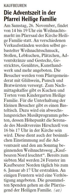 Pressebericht - Adventserenade 2016 Kirche Hl.-Familie, Kaufbeuren - Musikverein Hirschzell, Kaufbeuren