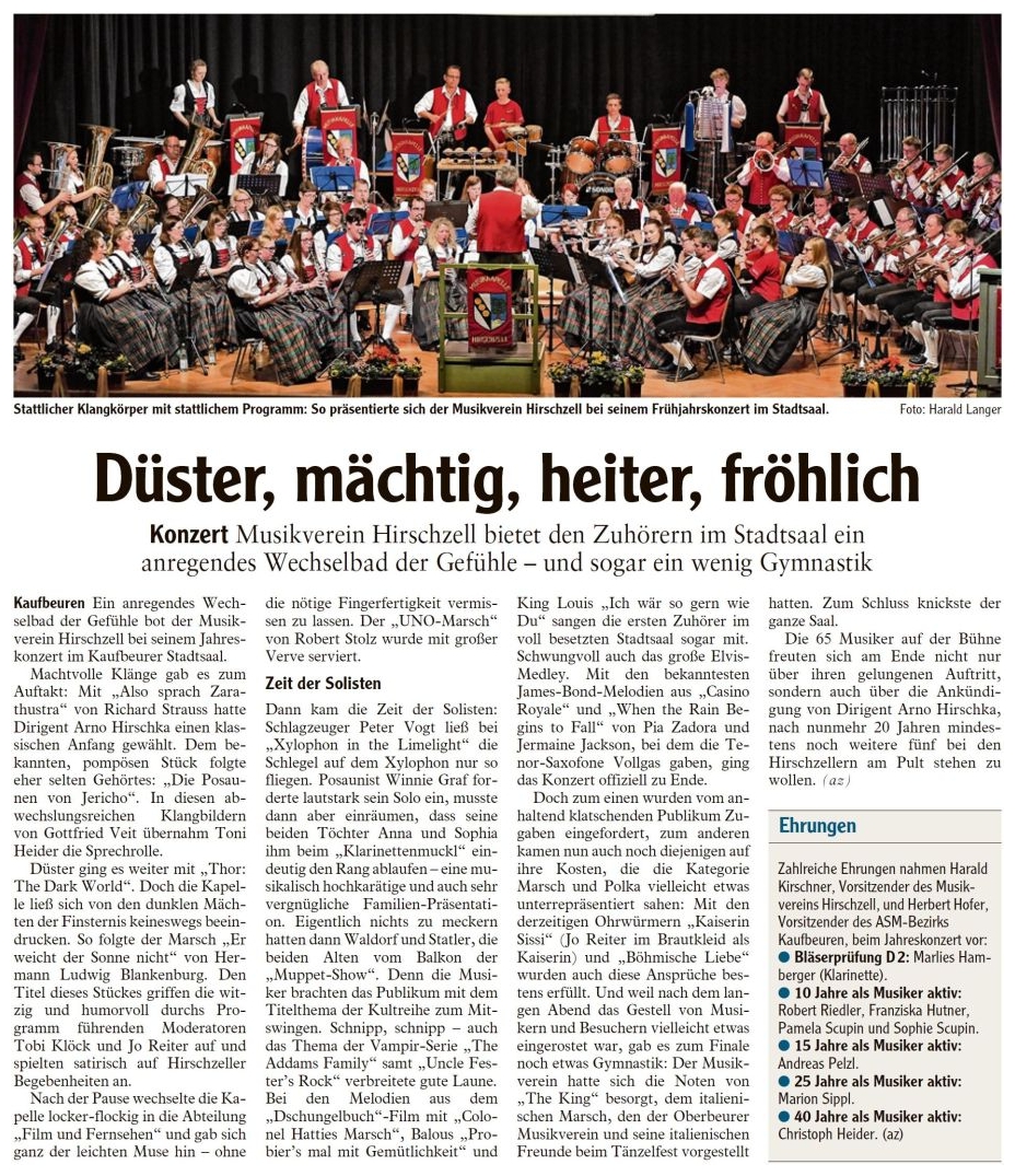 Pressebericht - Frühjahrskonzert 2017 im Stadtsaal, Kaufbeuren - Musikverein Hirschzell, Kaufbeuren