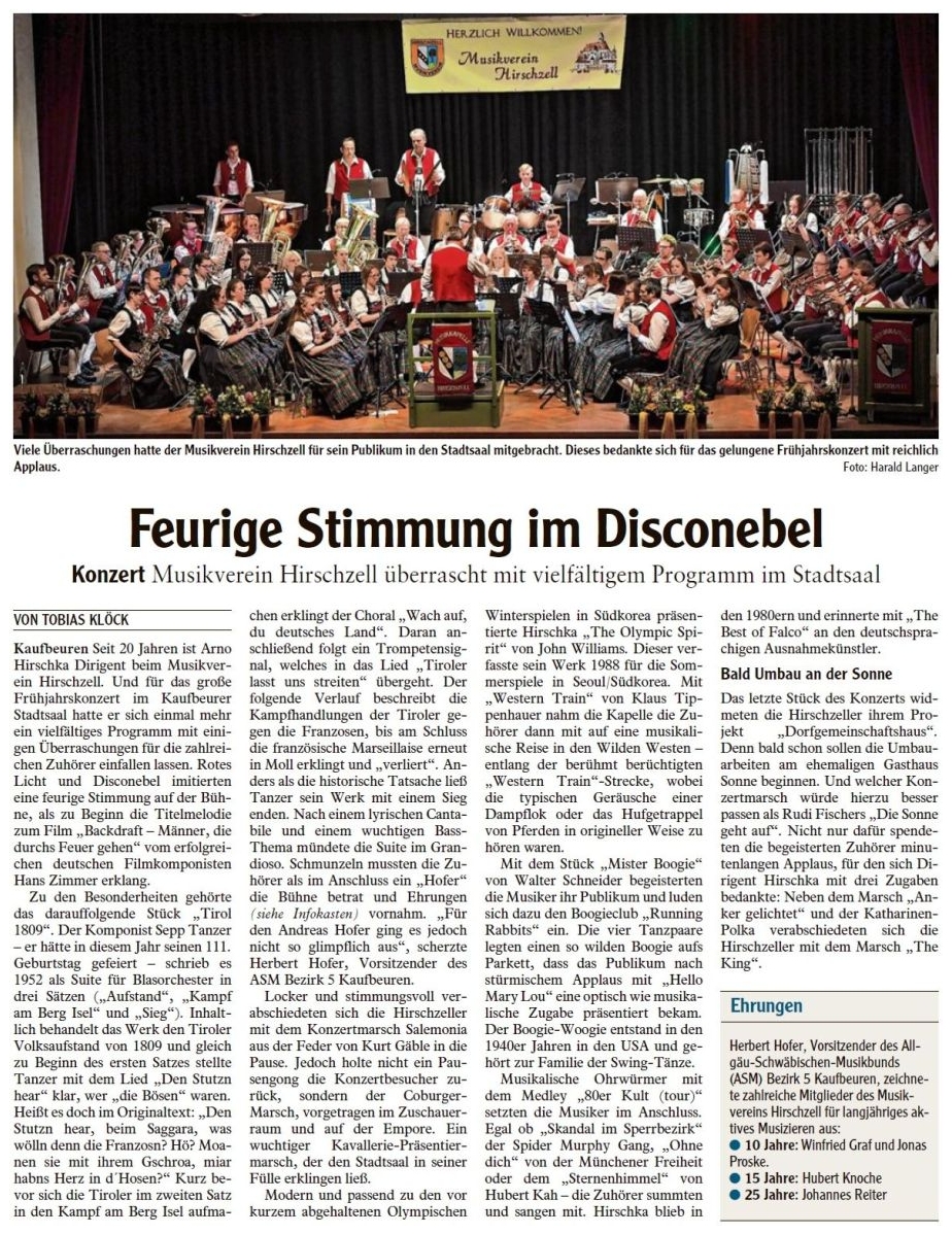 Pressebericht - Frühjahrskonzert 2018 im Stadtsaal, Kaufbeuren - Musikverein Hirschzell, Kaufbeuren