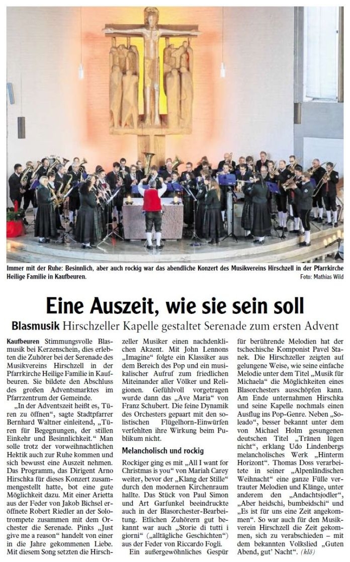 Pressebericht - Adventserenade 2018 Kirche Hl.-Familie, Kaufbeuren - Musikverein Hirschzell, Kaufbeuren