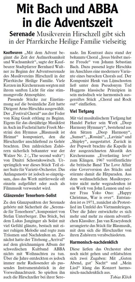 Pressebericht - Adventserenade 2019 Kirche Hl.-Familie, Kaufbeuren - Musikverein Hirschzell, Kaufbeuren
