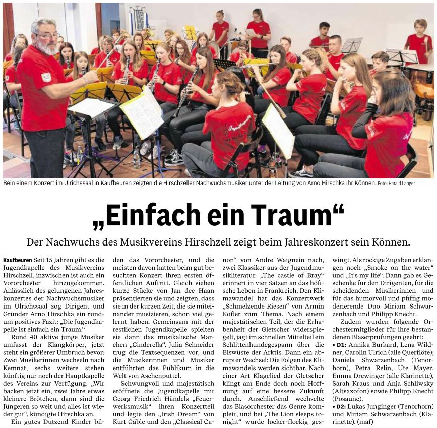 Pressebericht - Jugendkonzert 2022 im Pfarrtsaal St. Ulrich, Kaufbeuren - Musikverein Hirschzell, Kaufbeuren